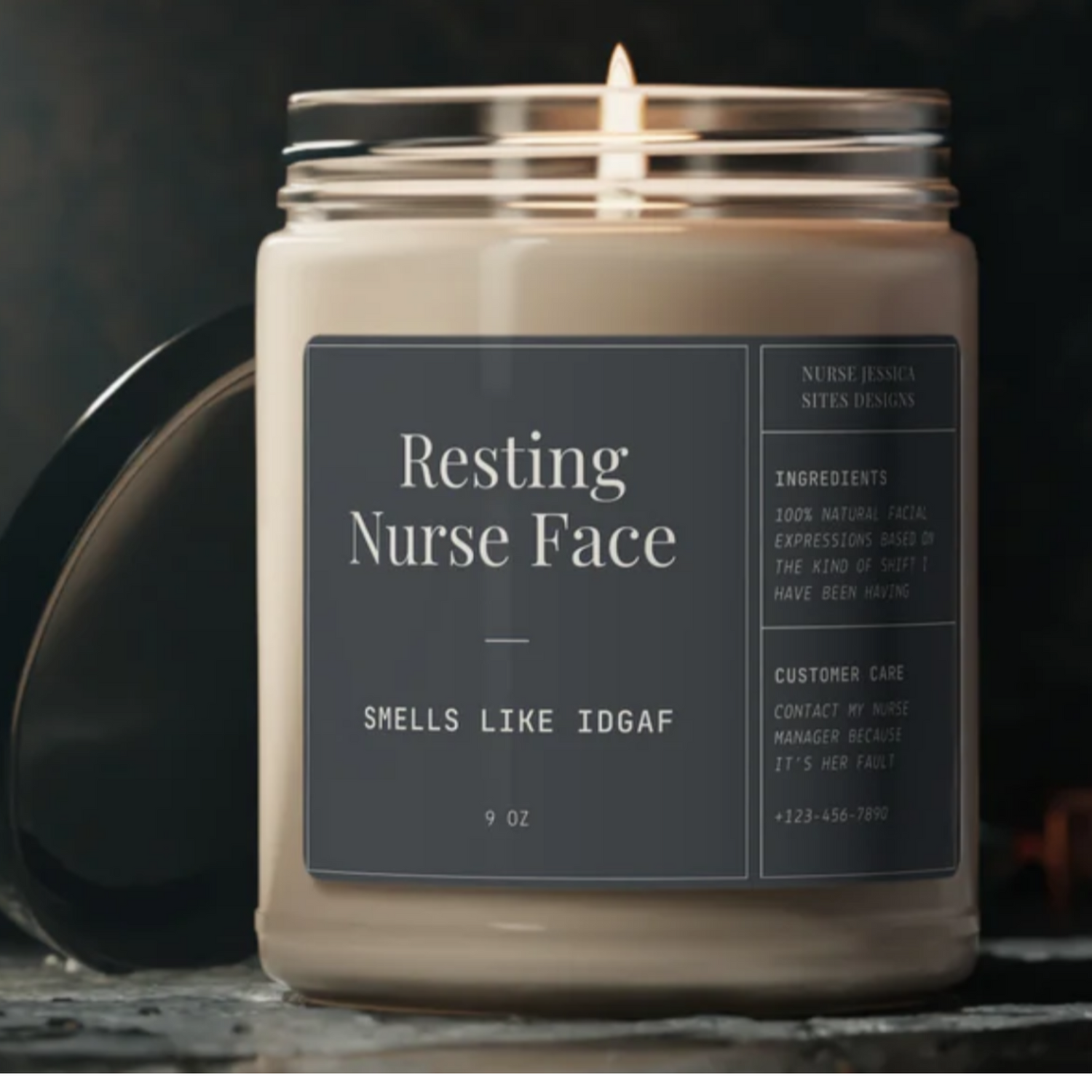 A candle that says "Resting Nurse Face"