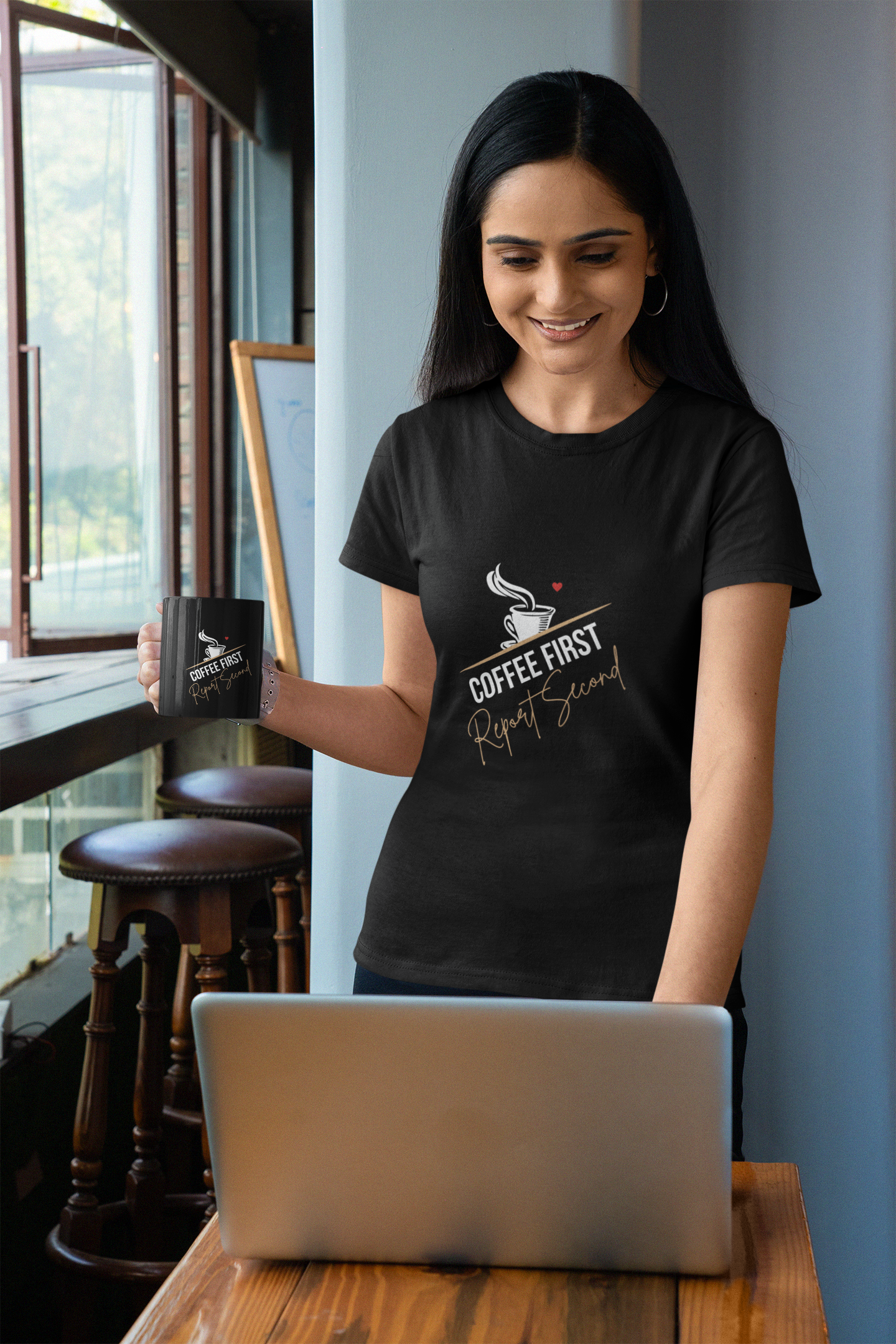 Funny Black short sleeve t shirt that reads "Coffee first, report second"