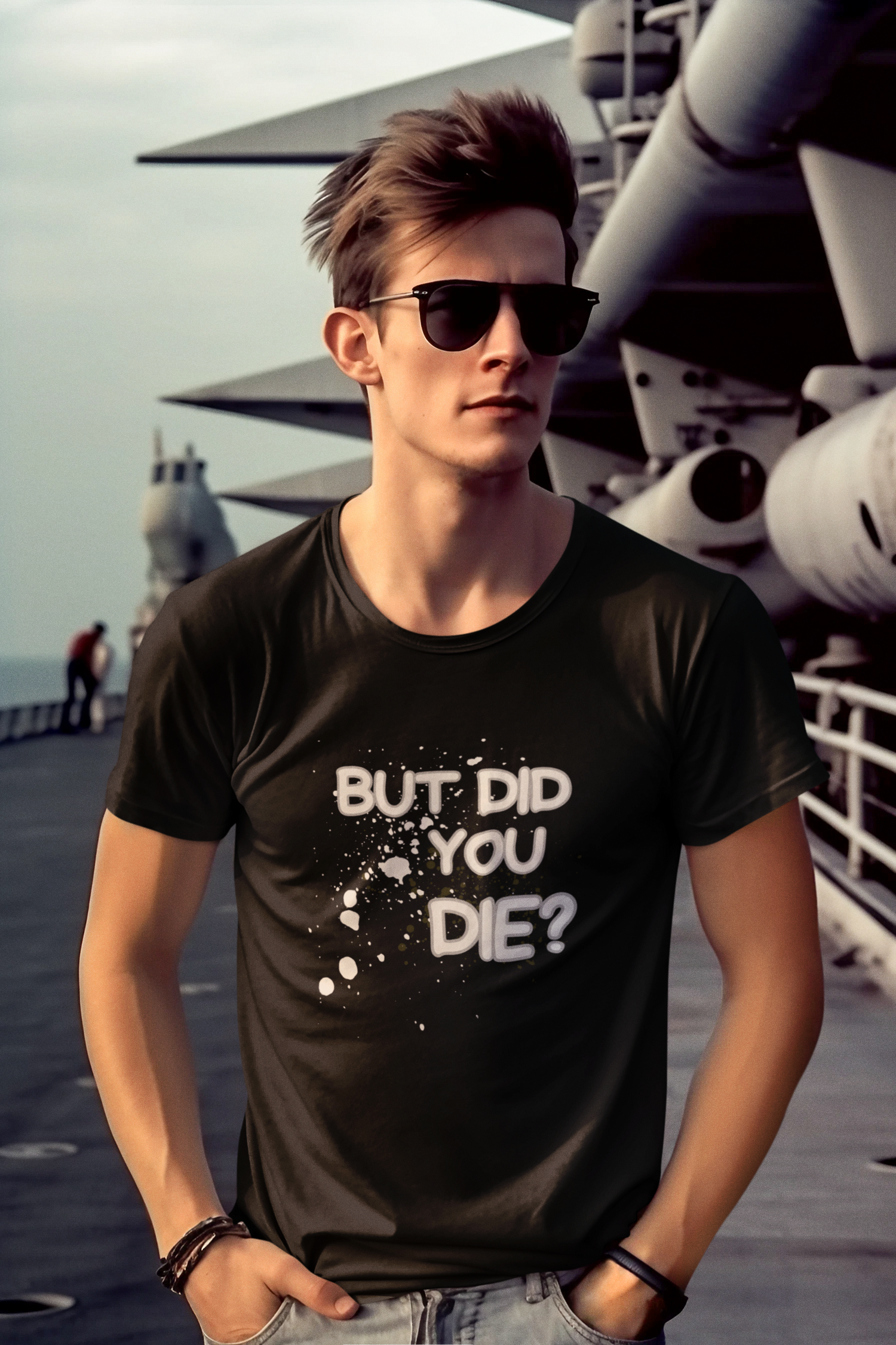 Black t shirt that says "But Did You Die?"